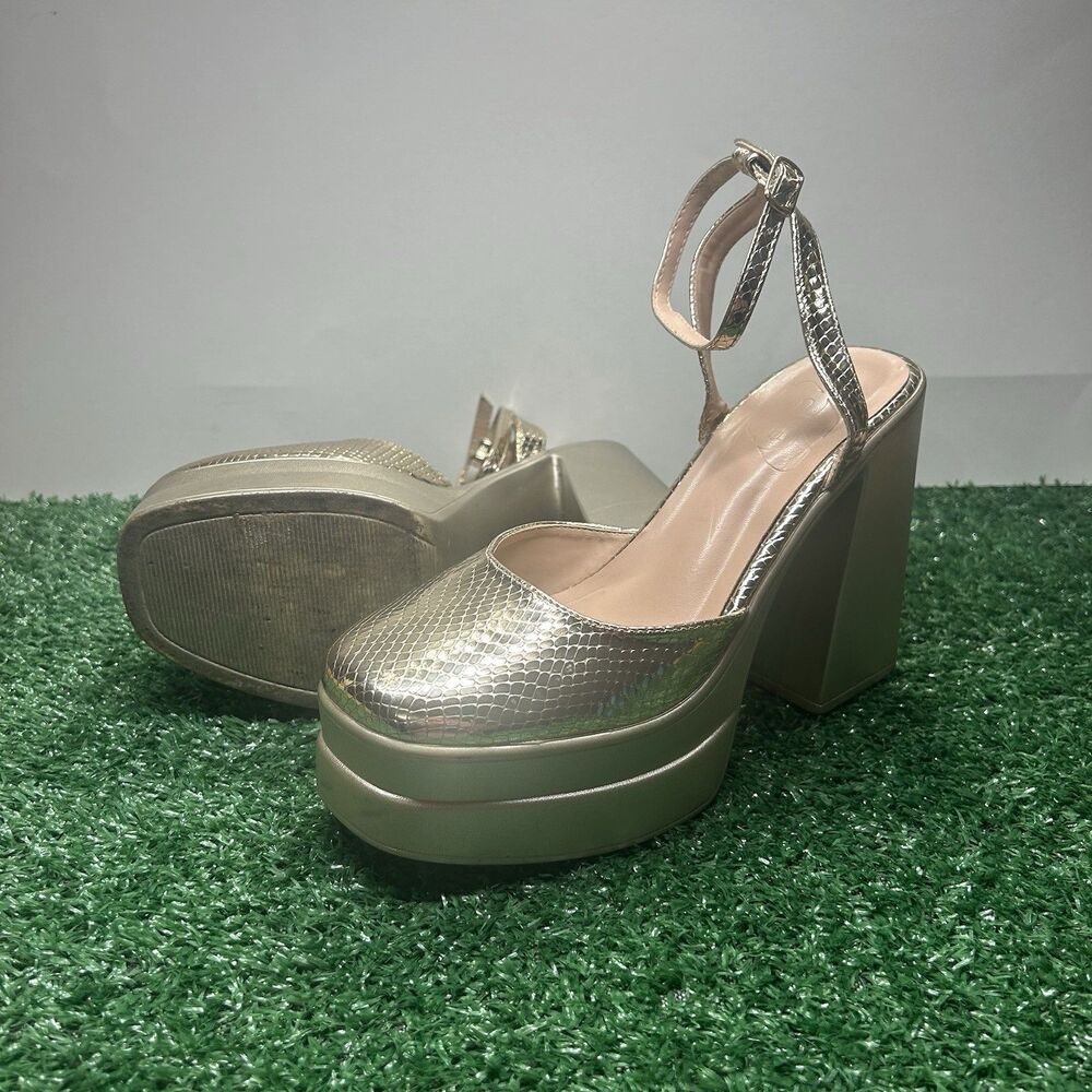 Gold Metallic Snakeskin Platform Block Heel Pumps Size 38 US 7.5/8